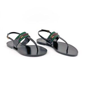 Gucci Jakarta Black Interlocking G T-Strap Flat Sandals Size 37 US 7 Women's